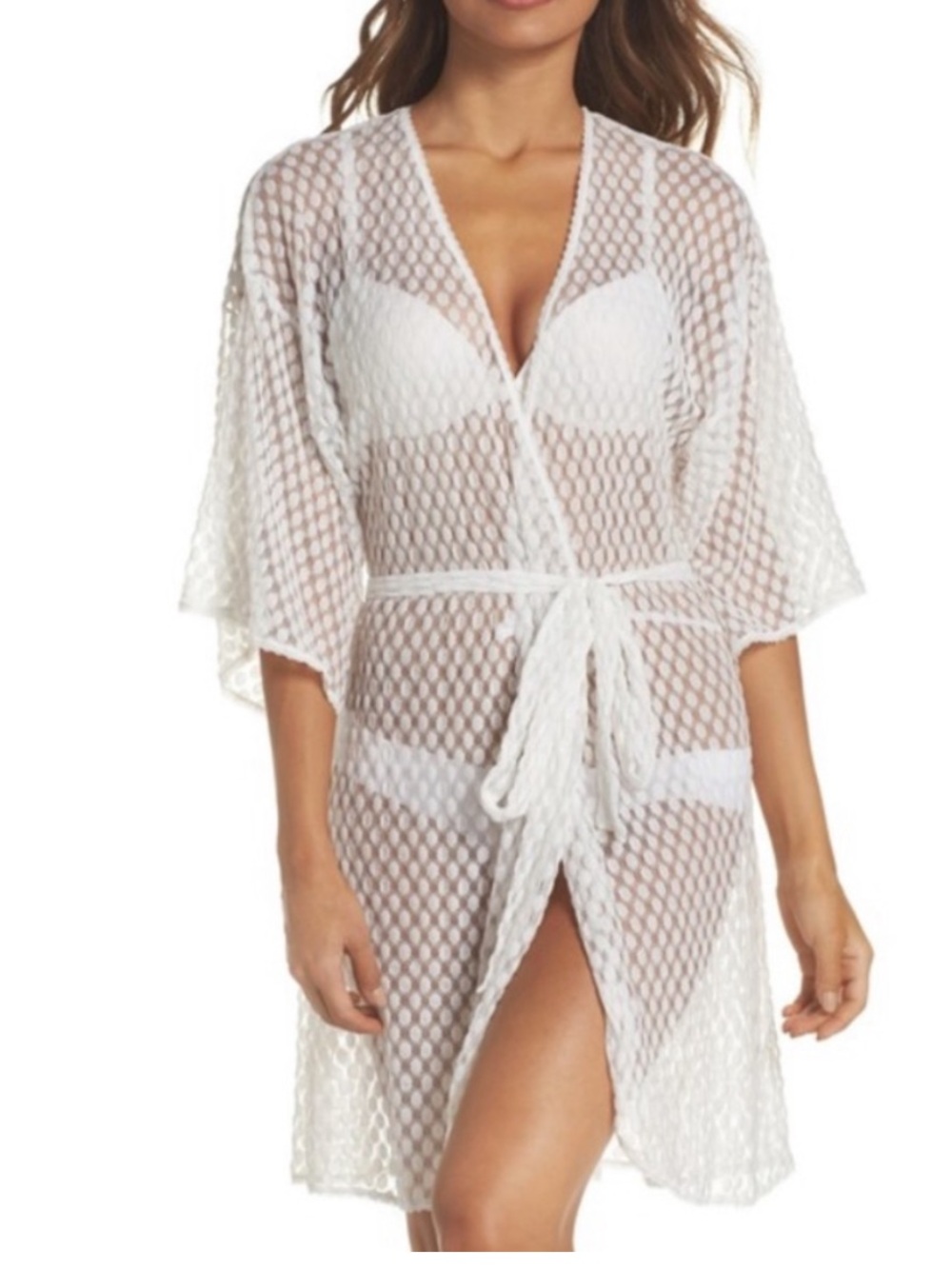 Eberjey Love Always Off White Lace Sheer Spotted Robe Size Small